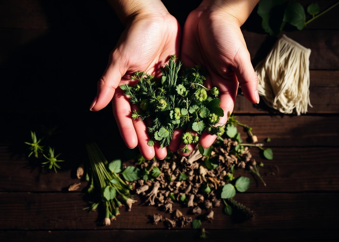 Hands cradling fresh and dried medicinal herbs